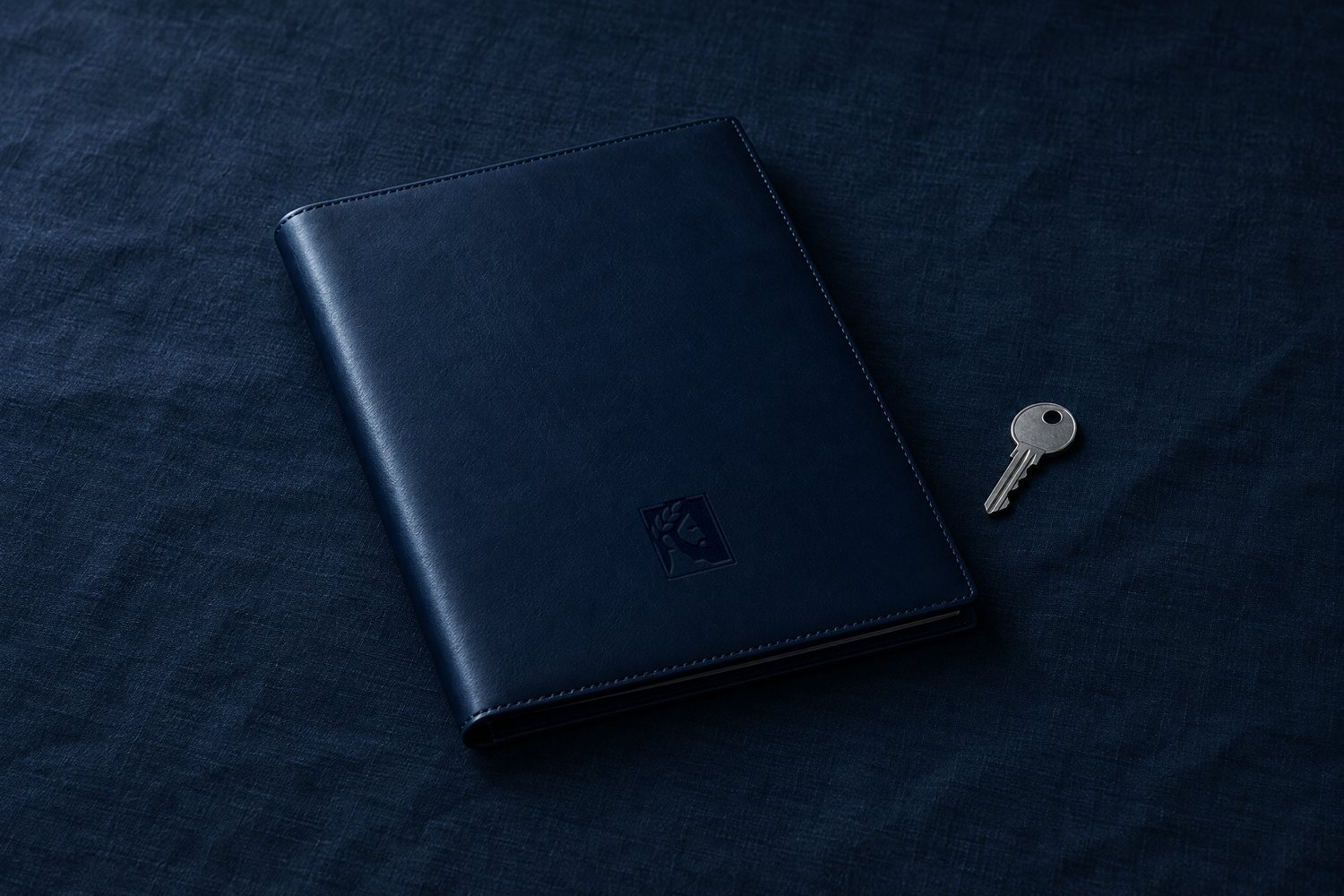 A closed navy leather portfolio with a steel key beside it, the Olivent mark pressed into the cover