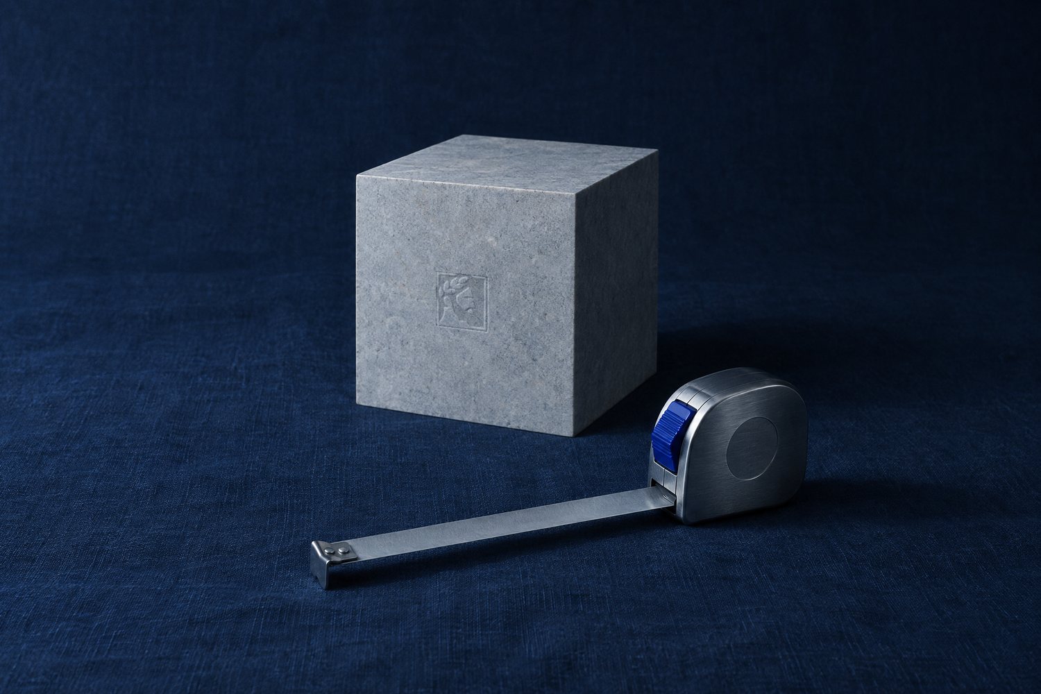 A pale stone cube and a steel tape measure, the Olivent mark pressed into the cube's front face