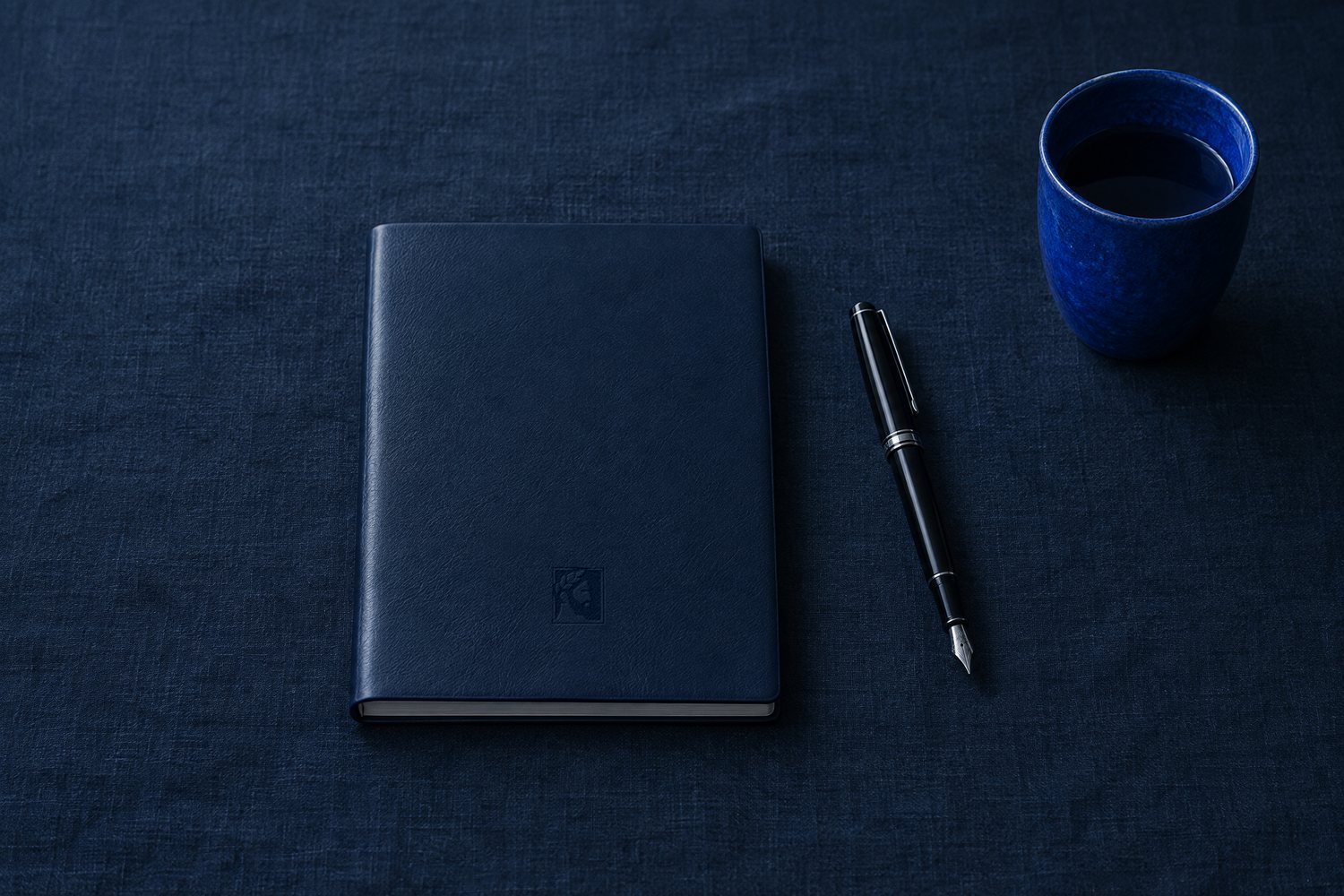 A closed navy leather notebook with the Olivent mark pressed into the cover, a fountain pen and a cobalt cup beside it