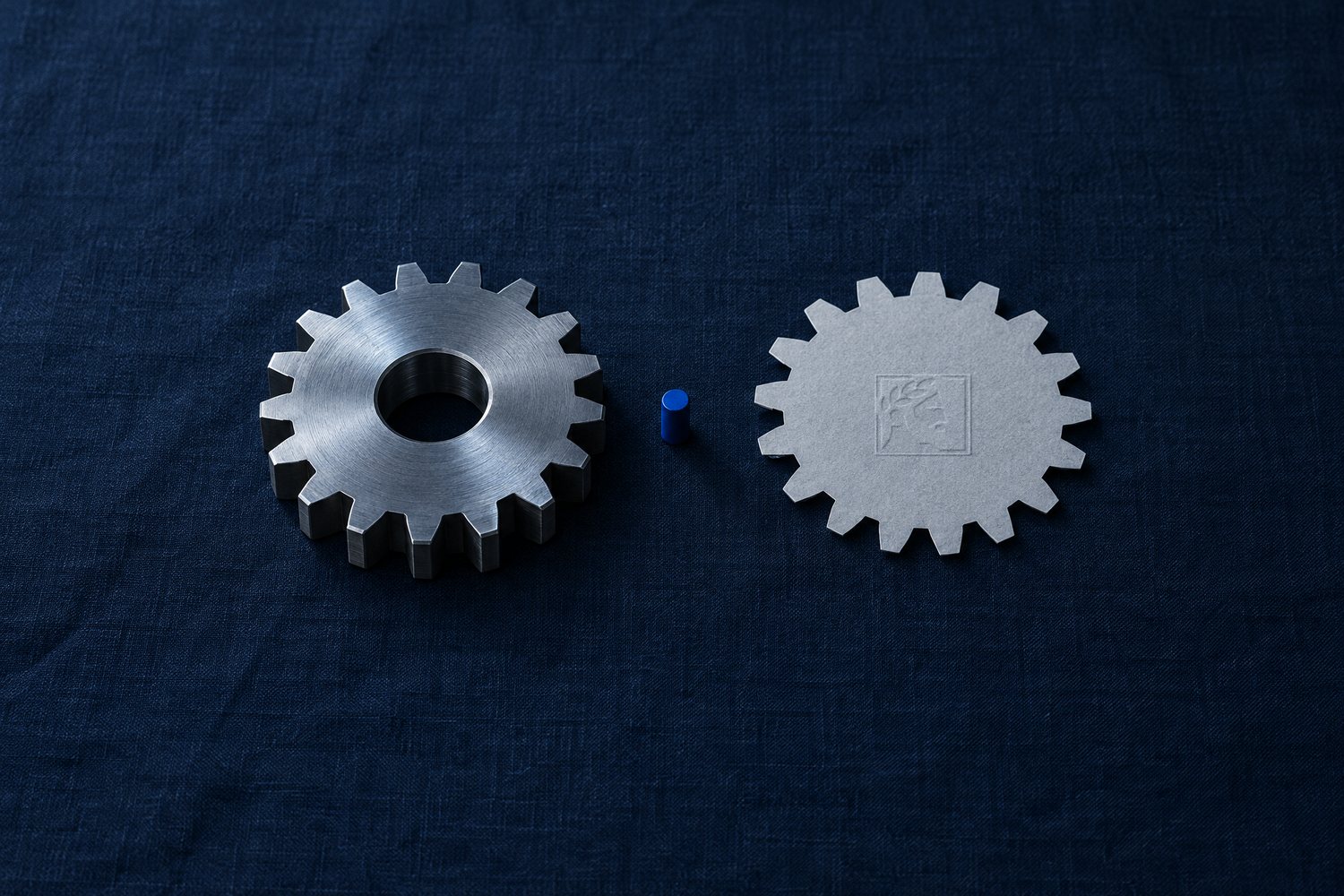 A machined steel gear next to its paper twin, with the Olivent mark pressed into the paper gear