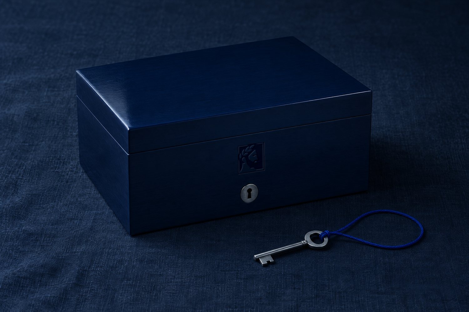 A closed navy lacquered box with a steel keyhole and the Olivent mark on its front, a steel key on a cobalt cord beside it