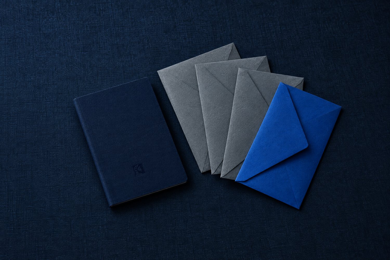 A navy clothbound booklet stamped with the Olivent mark beside a fan of grey envelopes and one cobalt envelope