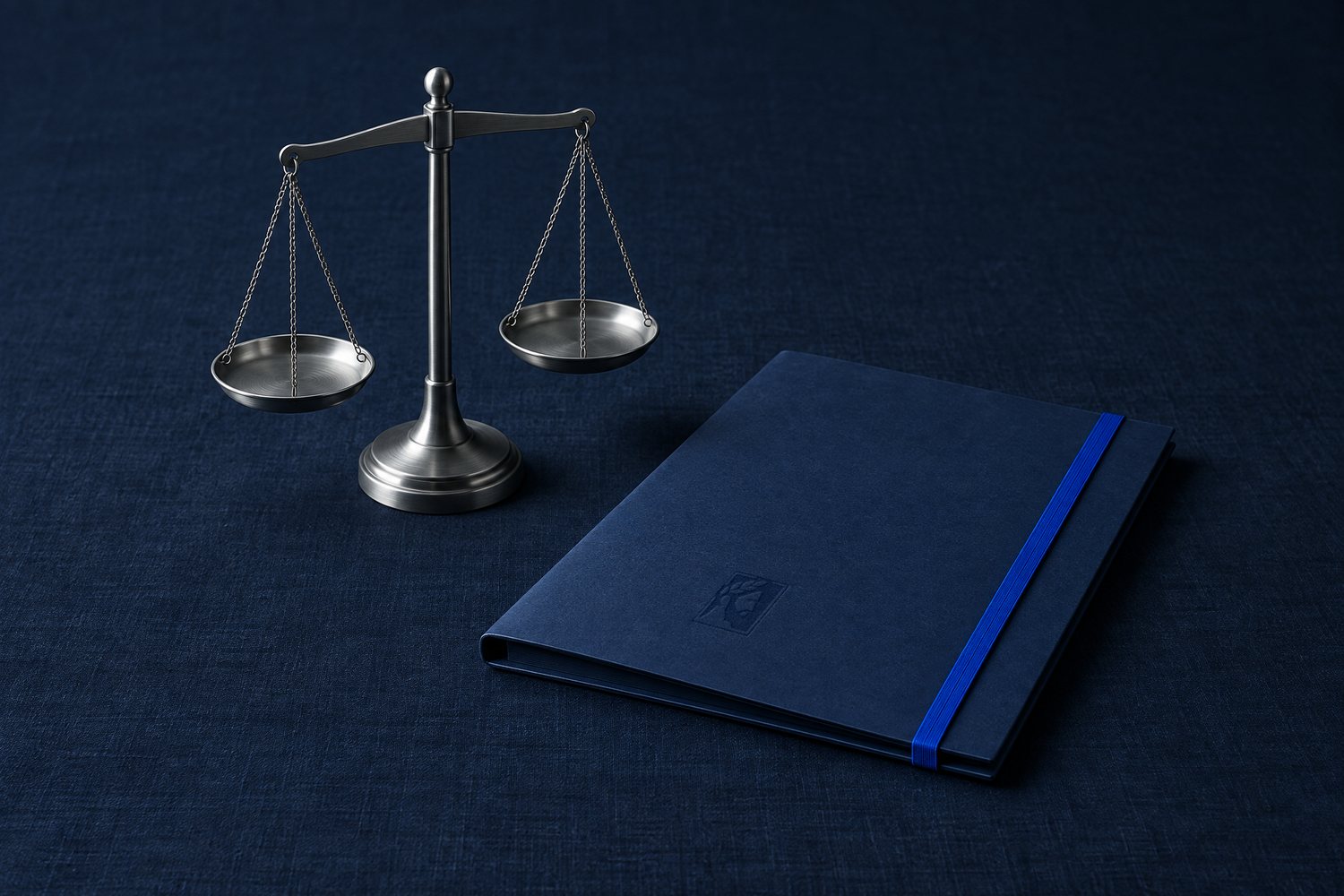 A steel balance scale beside a navy folder with a cobalt elastic band, the Olivent mark pressed into the cover