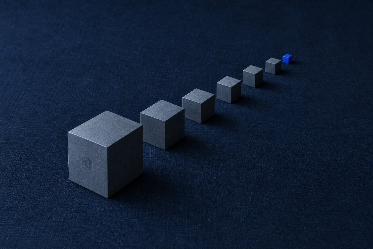Seven slate cubes in a row, shrinking from a large one in front to a small cobalt one at the back, the largest stamped with the Olivent mark