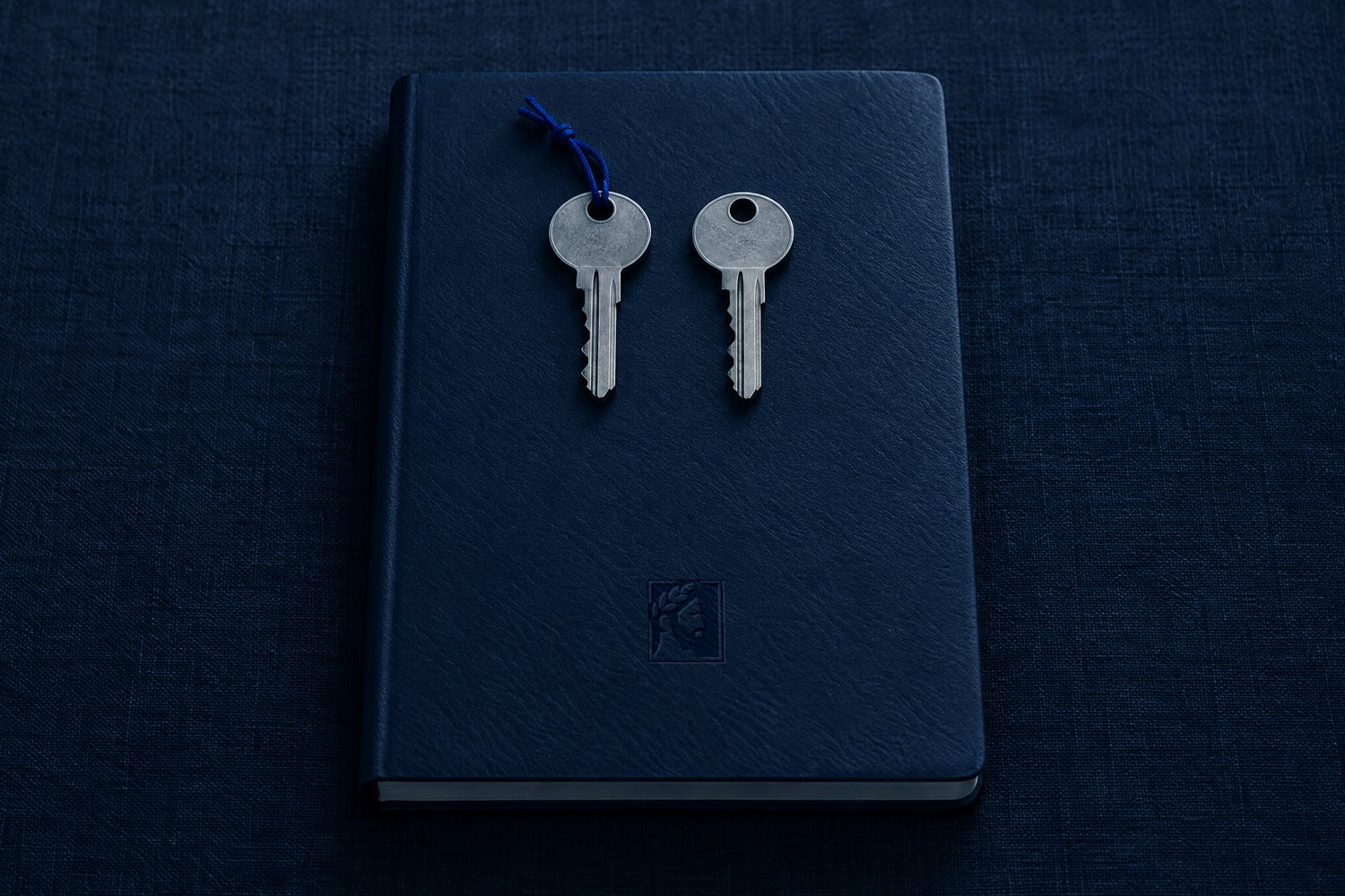 Two identical steel keys on a navy leather notebook debossed with the Olivent mark