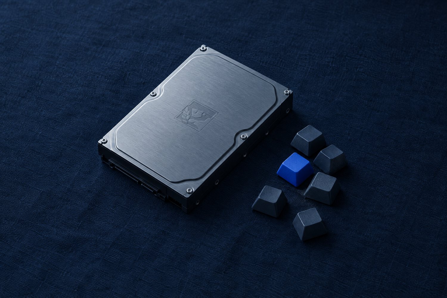 A hard drive with a brushed-metal lid beside loose blank keycaps, one of them cobalt, the Olivent mark engraved in the lid