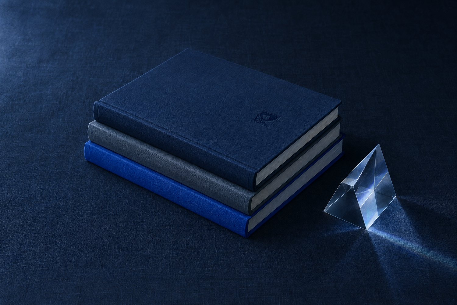 A stack of three clothbound books in navy, slate and cobalt beside a glass prism, the Olivent mark pressed into the top cover