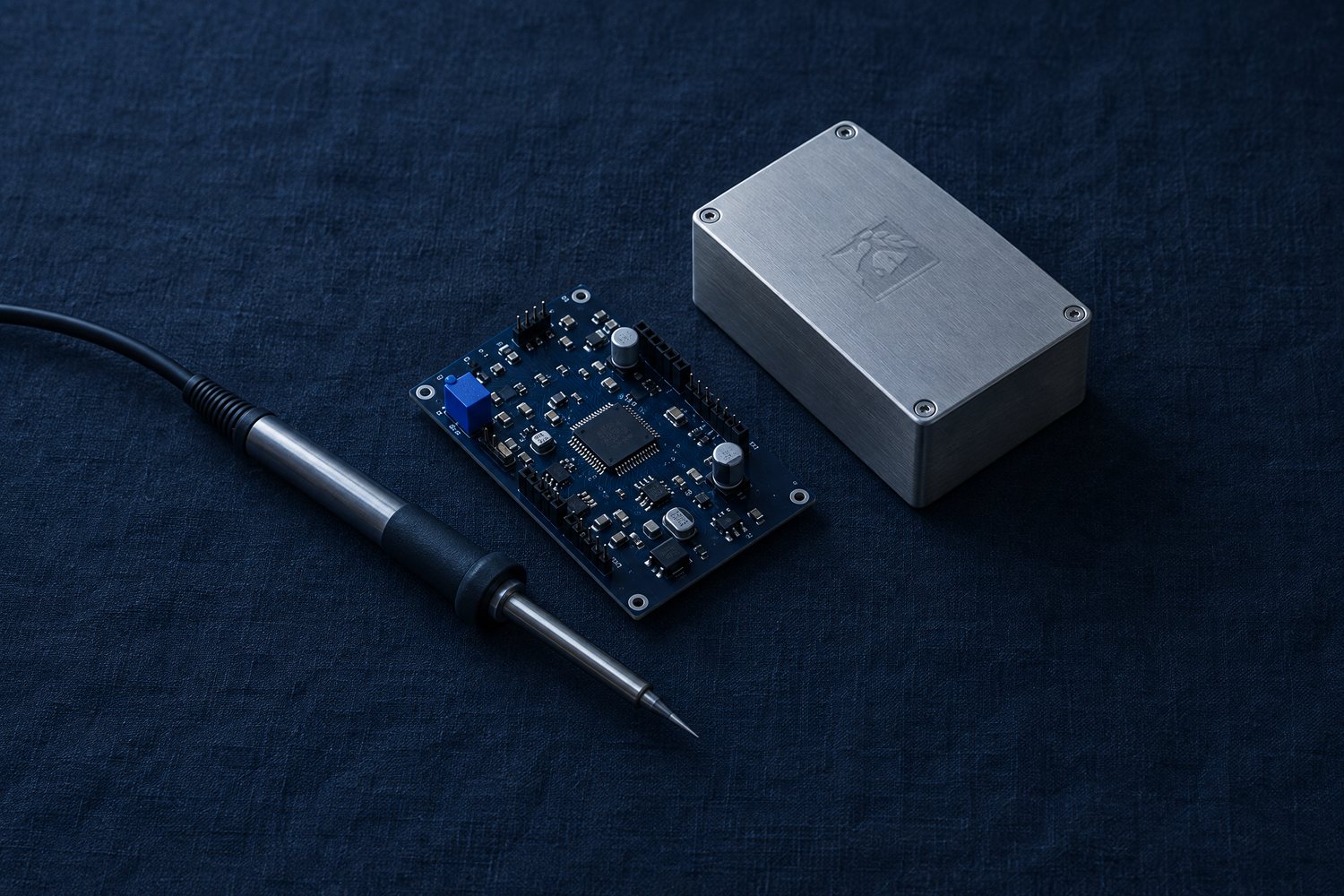 A navy circuit board, a soldering iron and a brushed-steel project box, the Olivent mark engraved in the box lid