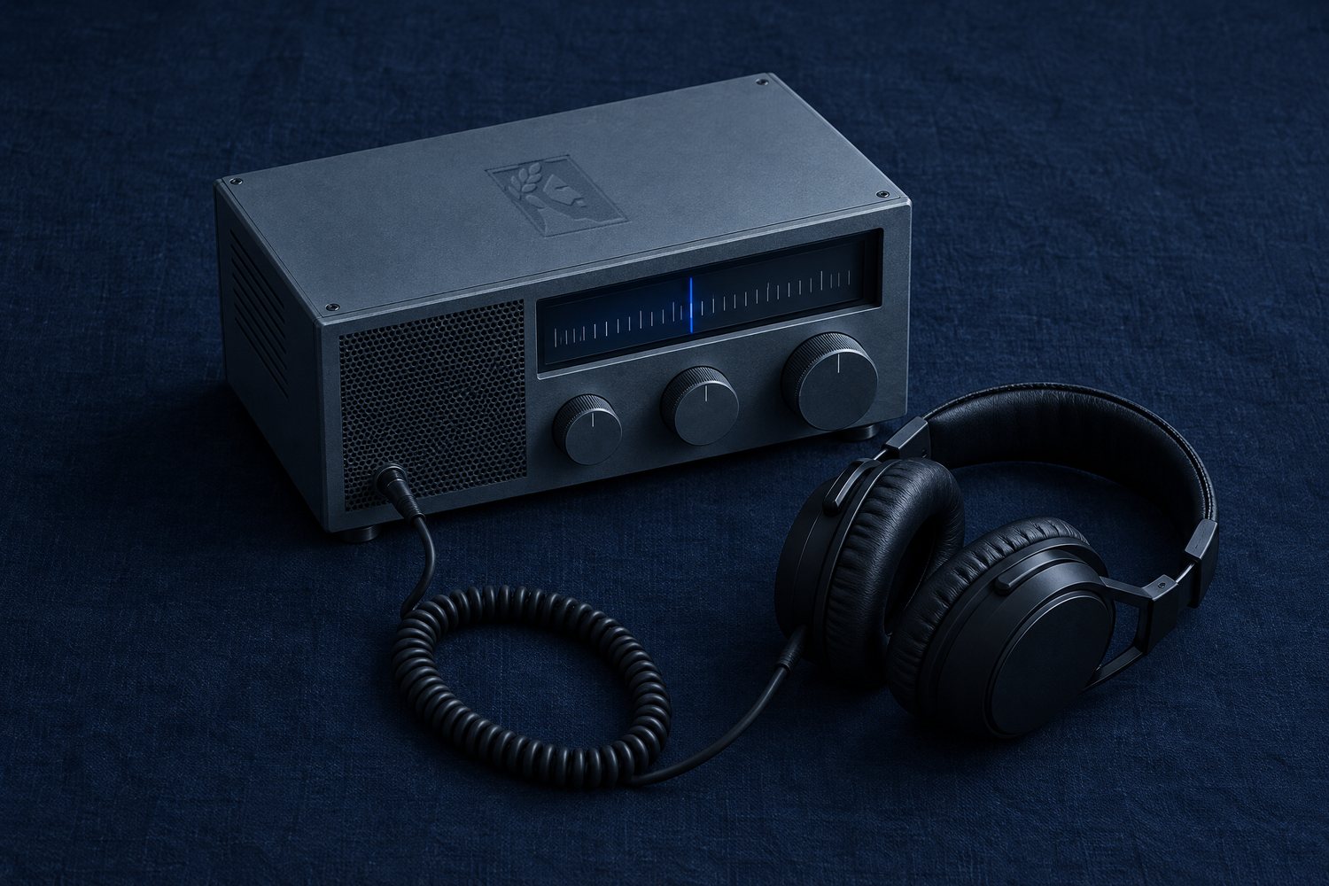 A slate-grey steel radio receiver with a pair of black headphones on navy linen, the Olivent mark engraved in the radio's top panel