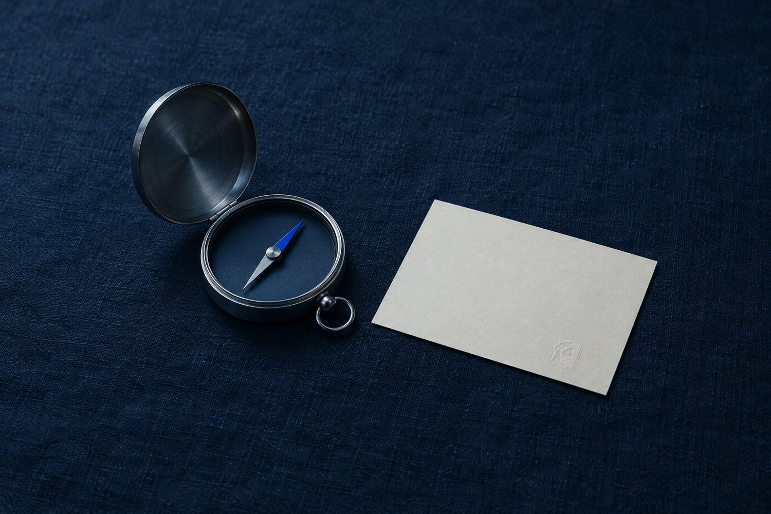 An open steel pocket compass beside a blank cream card, the Olivent mark embossed in the card's corner