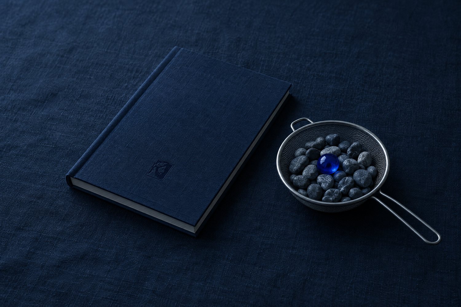 A closed navy clothbound notebook beside a steel sieve of slate pebbles holding one cobalt glass bead, the Olivent mark pressed into the cover