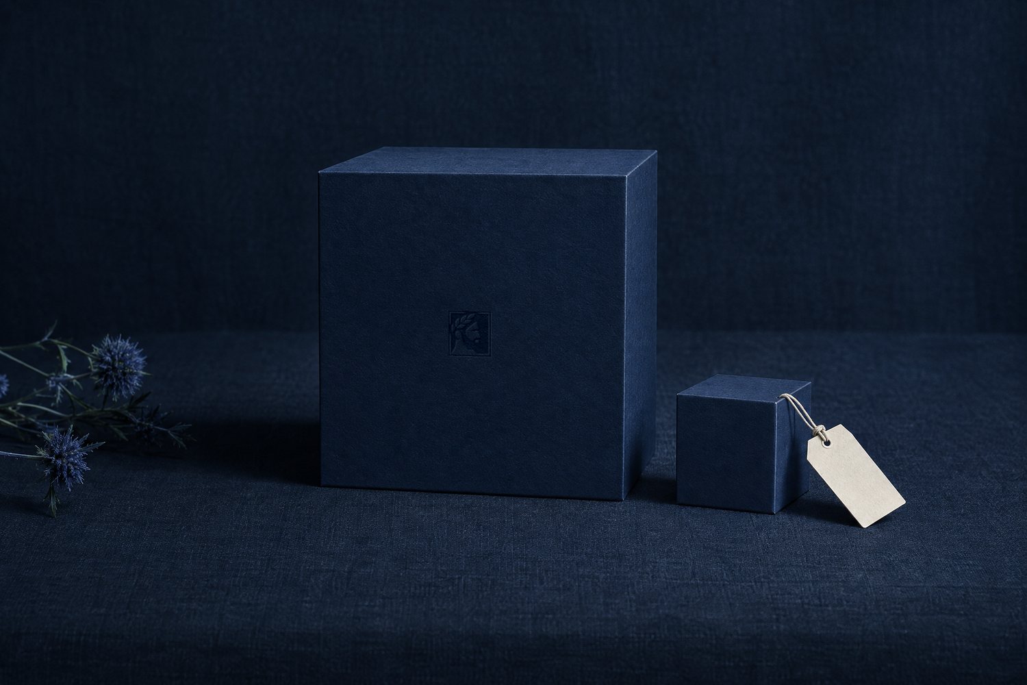 A large navy box beside a tiny one wearing a paper tag, the Olivent mark pressed into the large box's front
