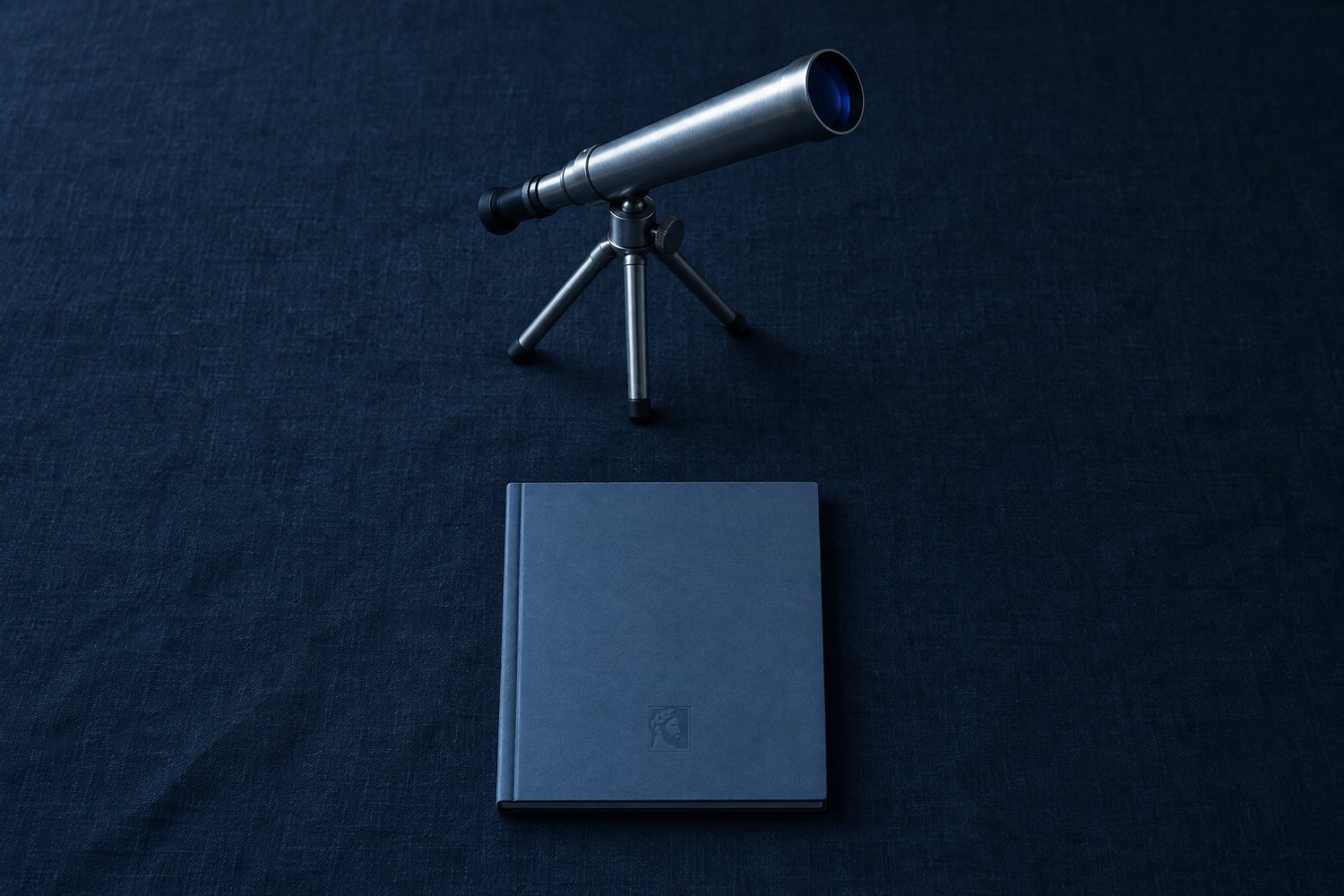 A small steel telescope on a tripod pointing into the dark, with a closed slate notebook in front bearing the pressed Olivent mark