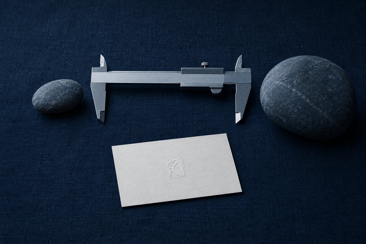 A steel caliper opened wide between a small and a large slate stone, with a white card in front bearing the embossed Olivent mark