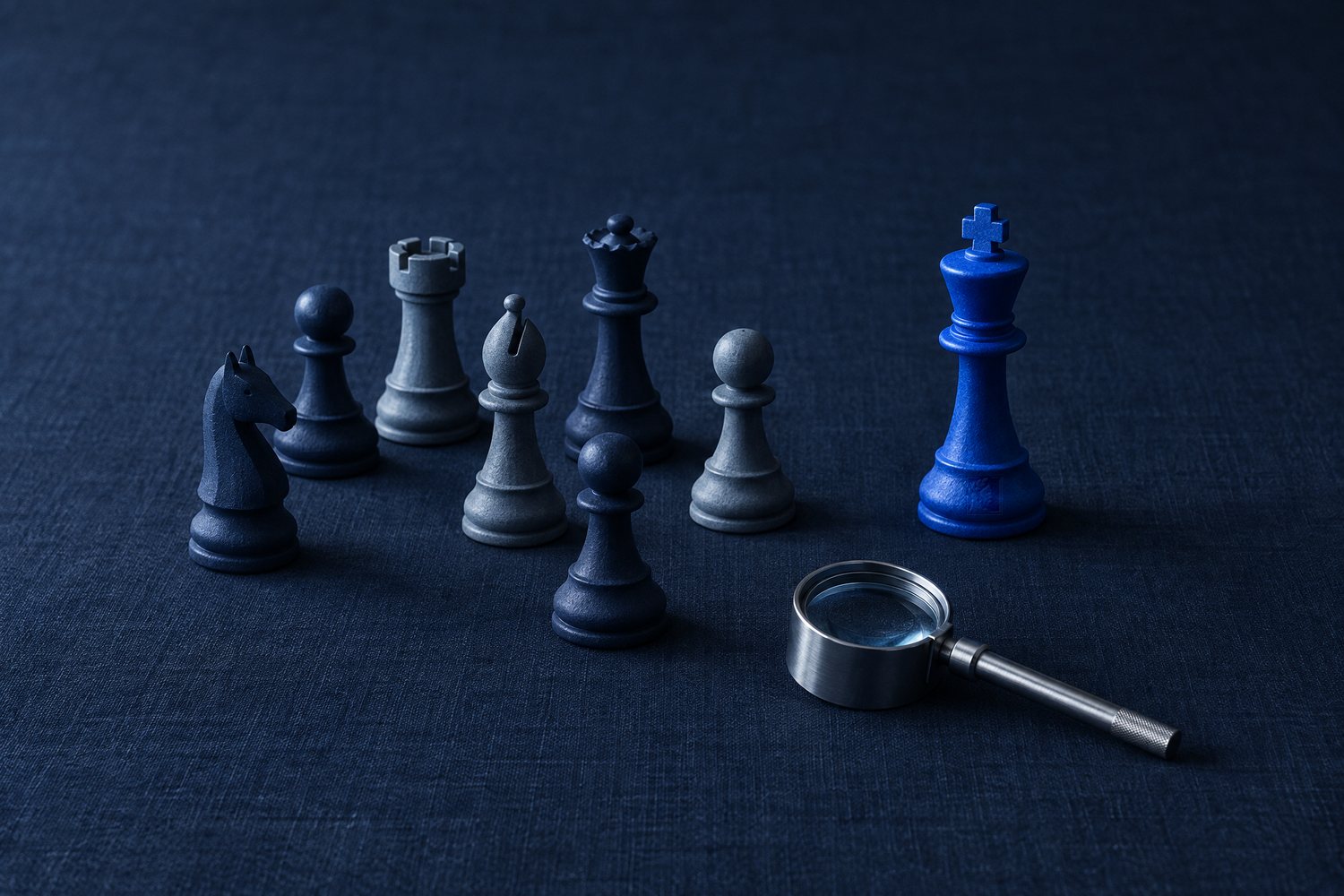 Navy chess pieces in a loose group, a blue king apart, a steel loupe beside them