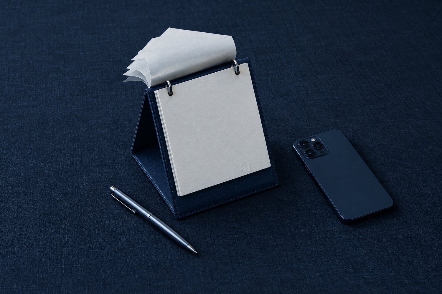 A navy desk calendar with pages flipped over, a phone face down and a steel pen