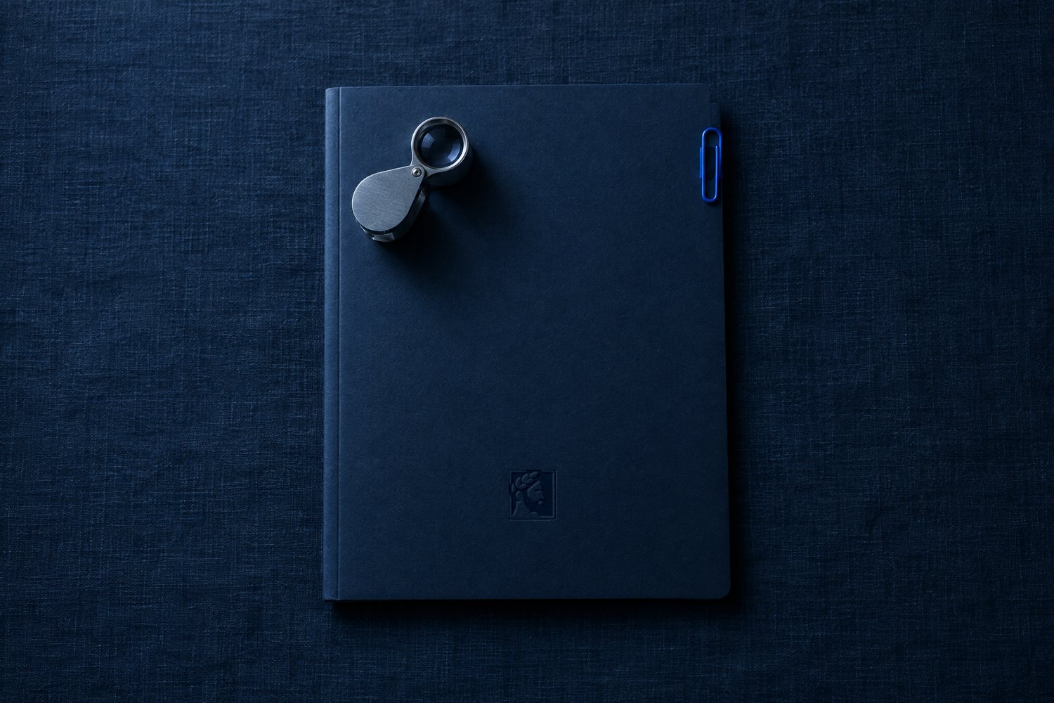 A navy folder stamped with the Olivent mark, a steel loupe and a blue paper clip on it