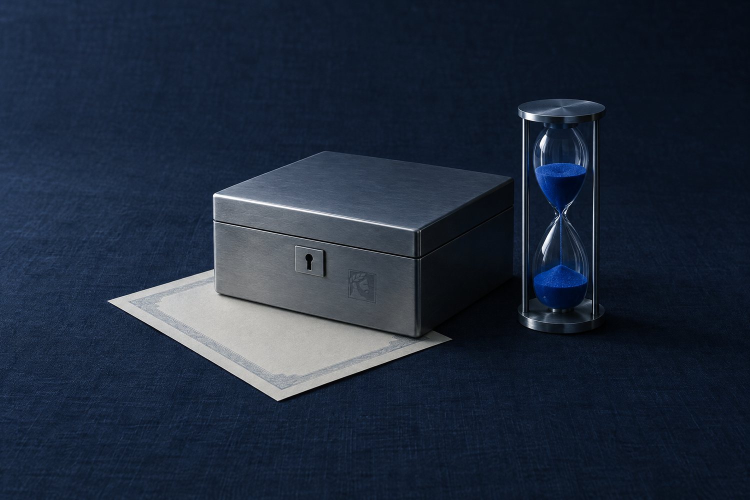 A steel lockbox engraved with the Olivent mark over a certificate, beside an hourglass with blue sand