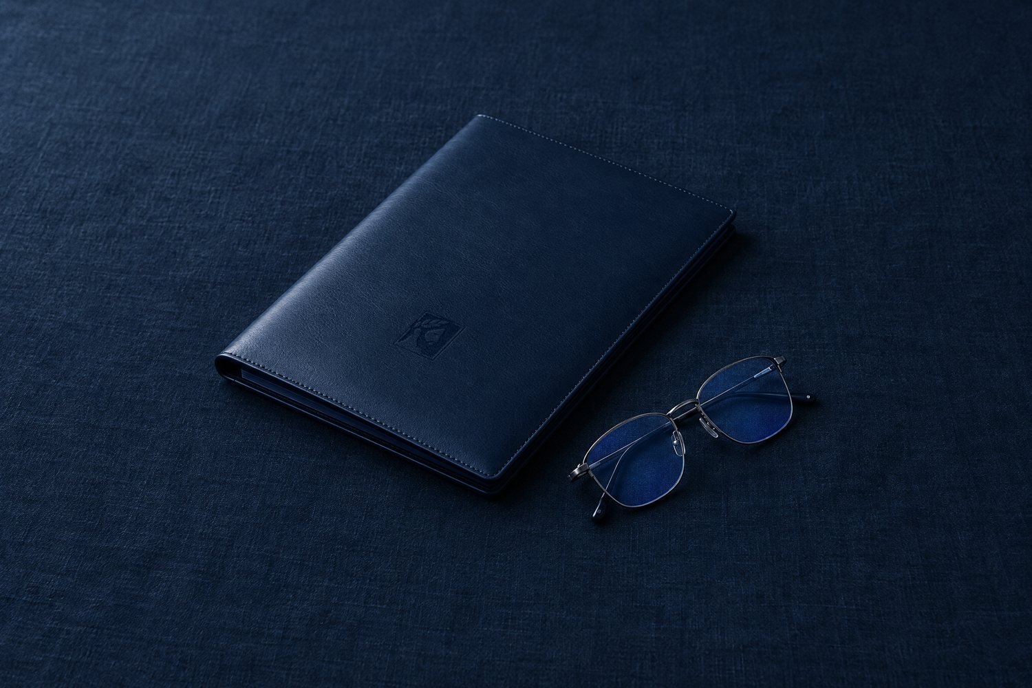 A navy leather folio with steel-rimmed reading glasses beside it, the Olivent mark pressed into the cover