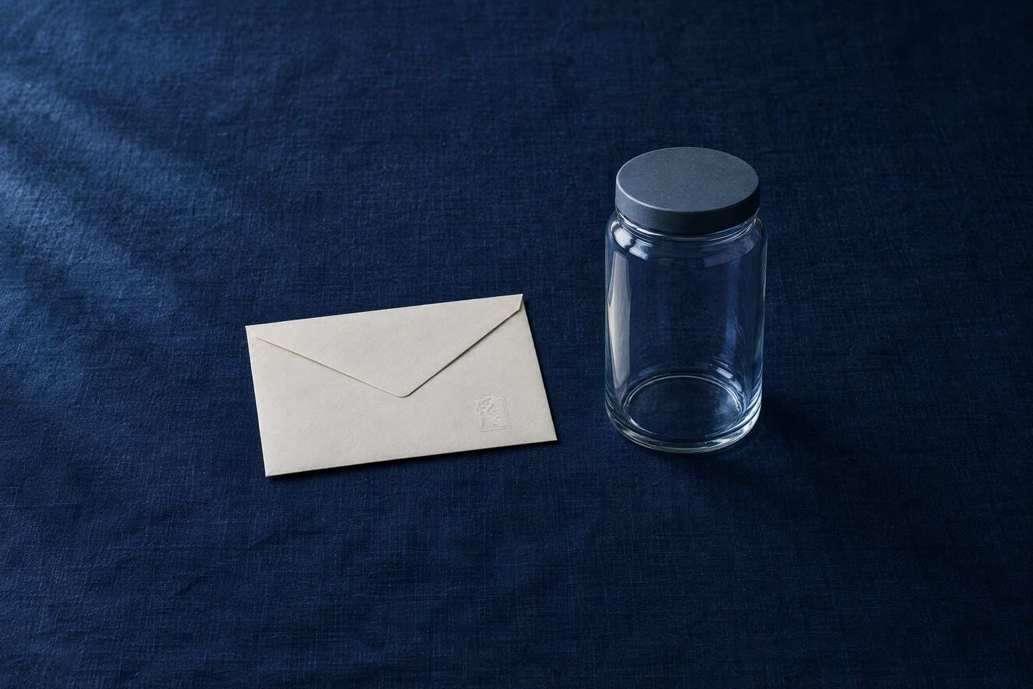 A sealed cream envelope beside an empty glass jar, the Olivent mark embossed on the envelope