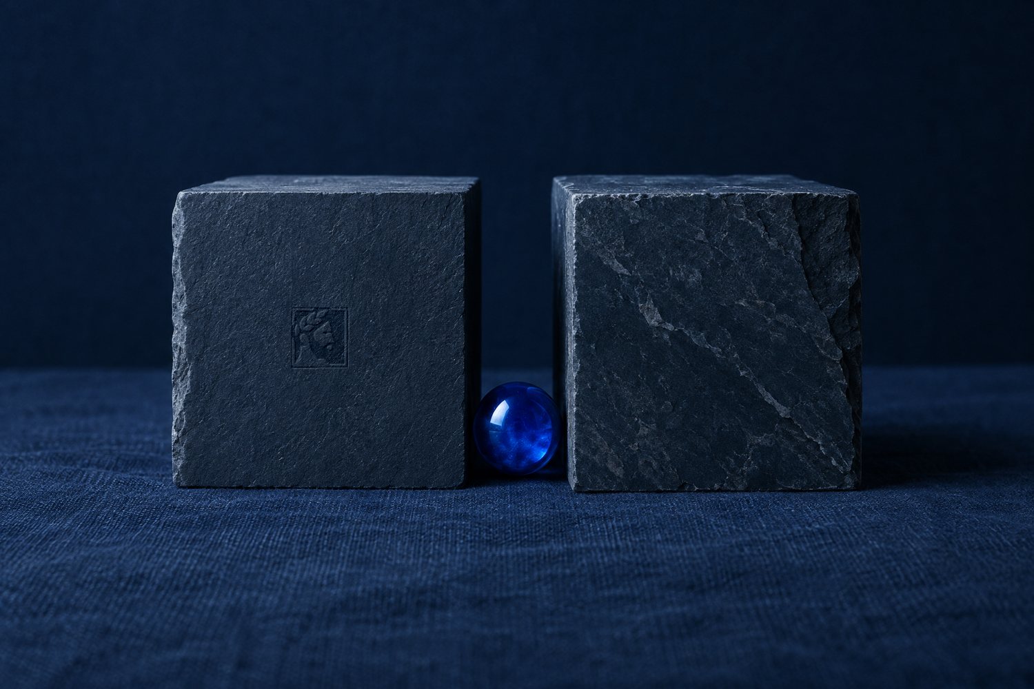 Two slate blocks with a narrow gap between them and a cobalt marble fallen into it, the Olivent mark pressed into the left block