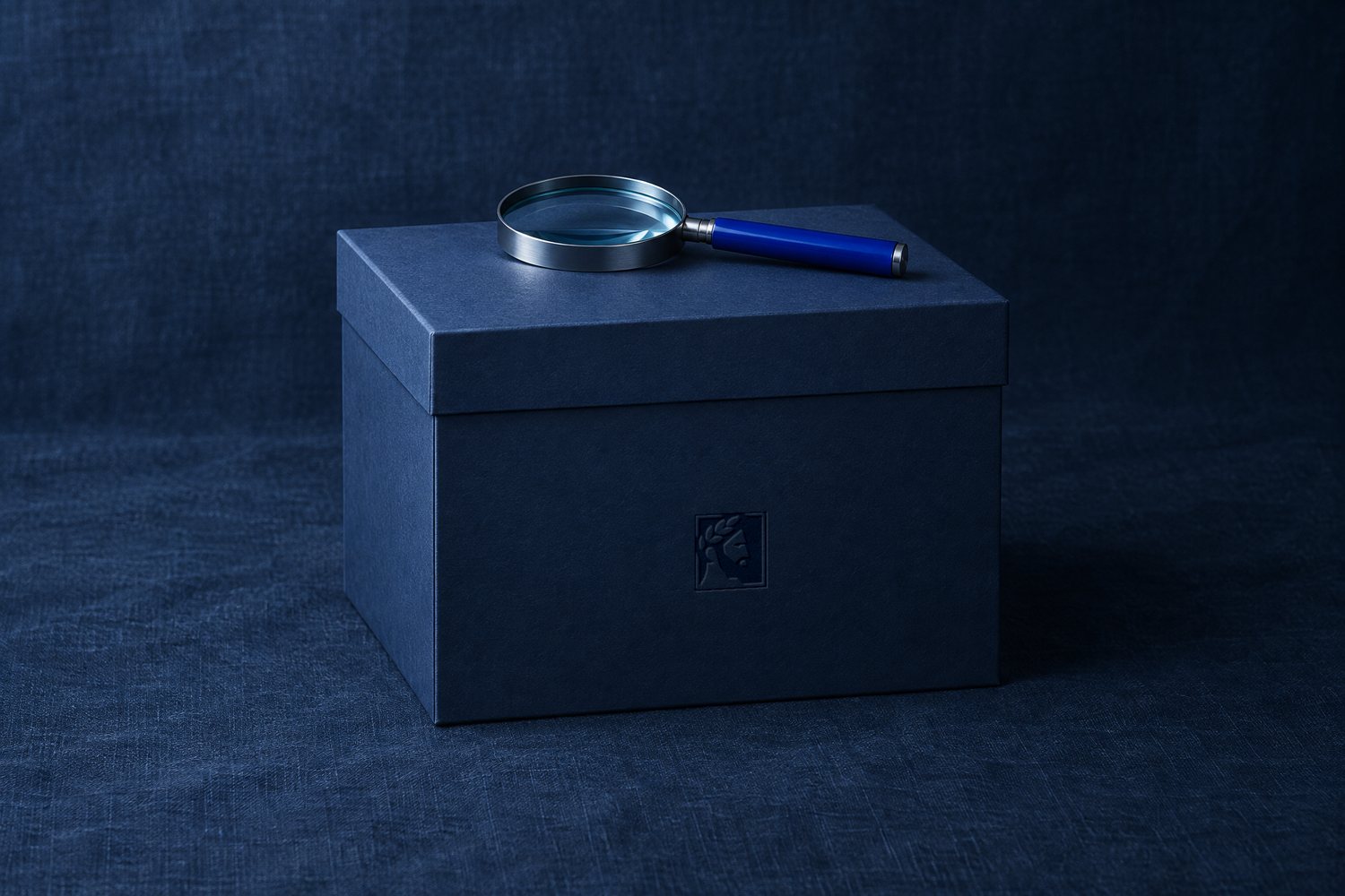 A sealed navy box with a magnifying glass resting on its lid, the Olivent mark pressed into the front