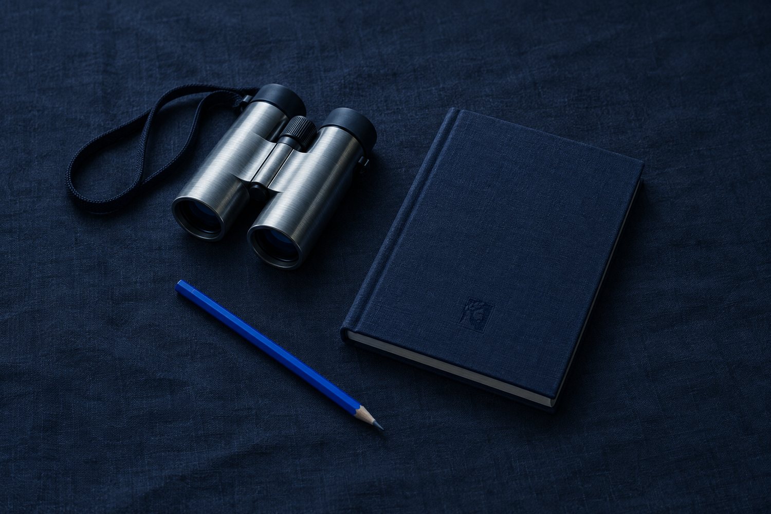 Steel binoculars beside a navy clothbound logbook stamped with the Olivent mark, a cobalt pencil on the linen
