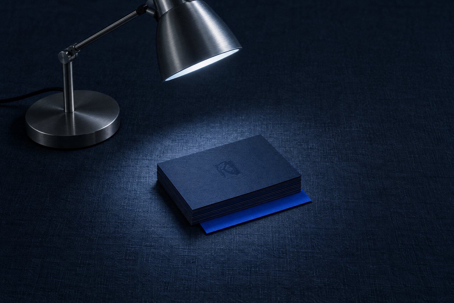 A steel desk lamp lighting a stack of navy cards stamped with the Olivent mark, a cobalt card at the bottom