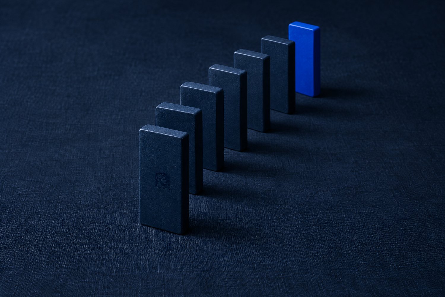 A curved line of blank navy dominoes ending in a cobalt one, the Olivent mark pressed into the front domino