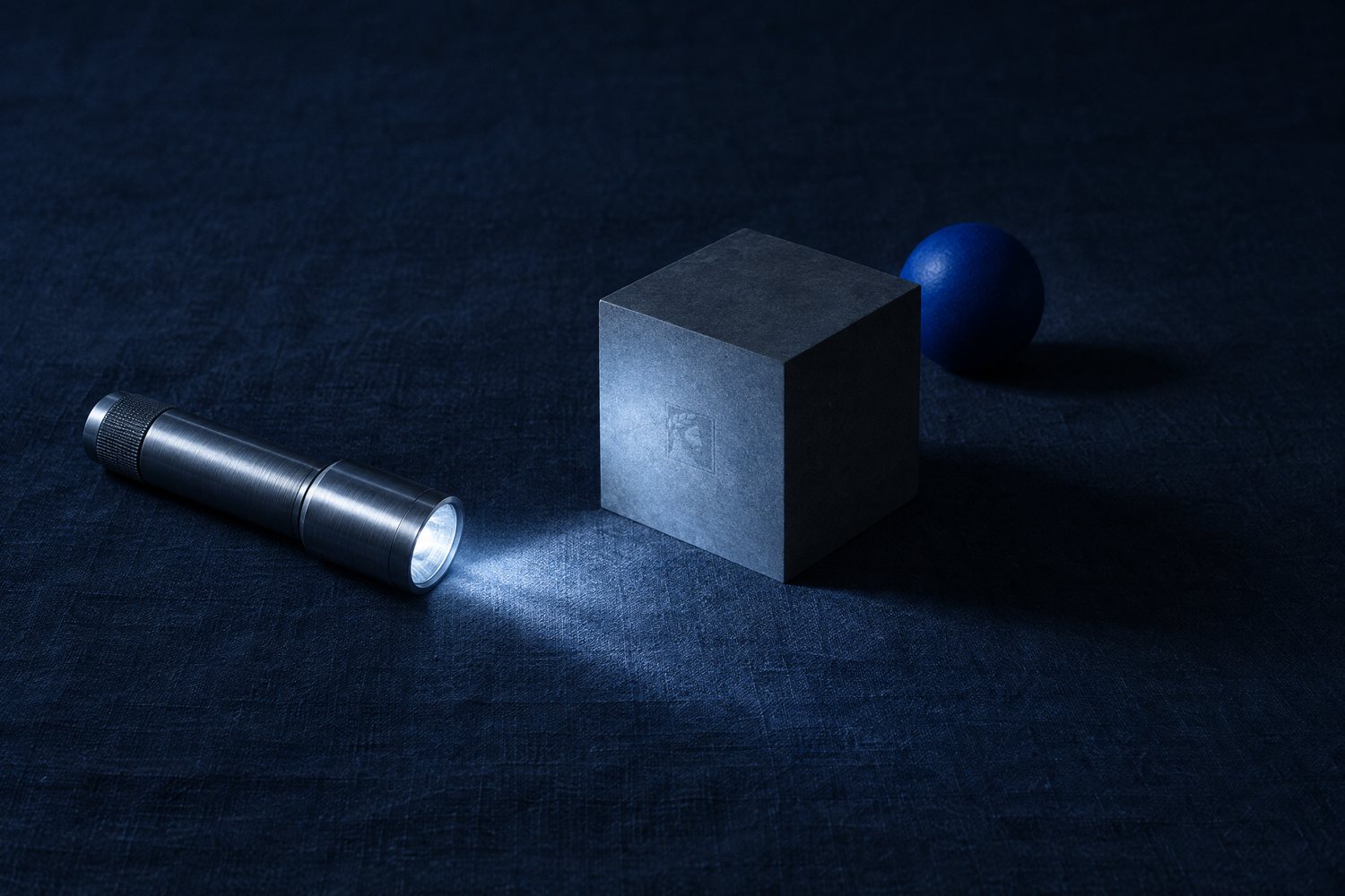 A steel flashlight throwing a cool beam across a slate cube stamped with the Olivent mark, a cobalt sphere behind it