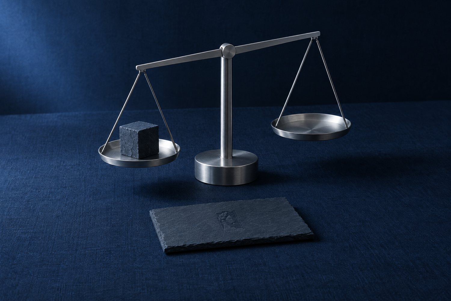 A steel balance scale with a slate cube on one pan and a slate plaque in front, the Olivent mark pressed into the plaque