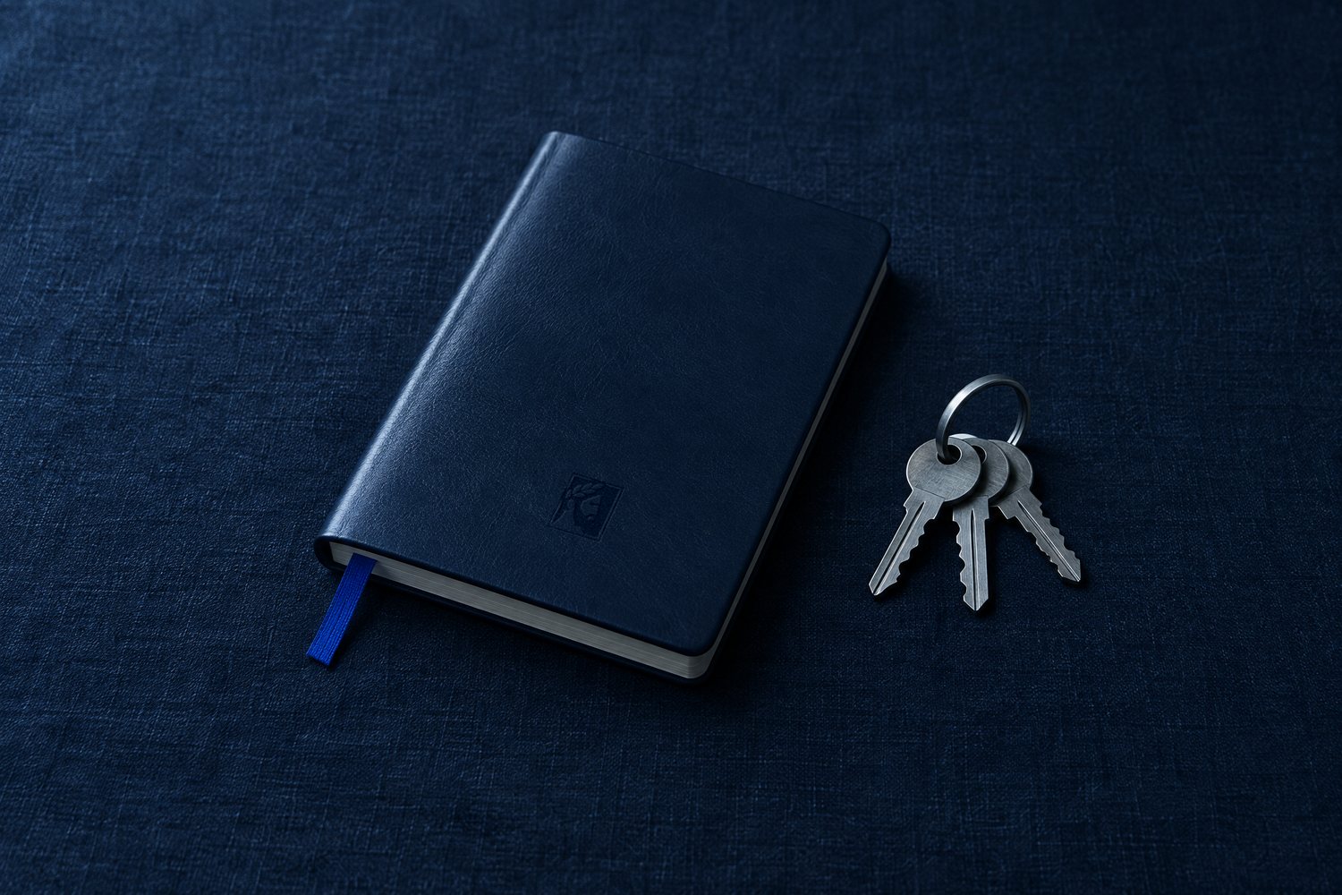 A navy leather notebook debossed with the Olivent mark next to a ring of three steel keys