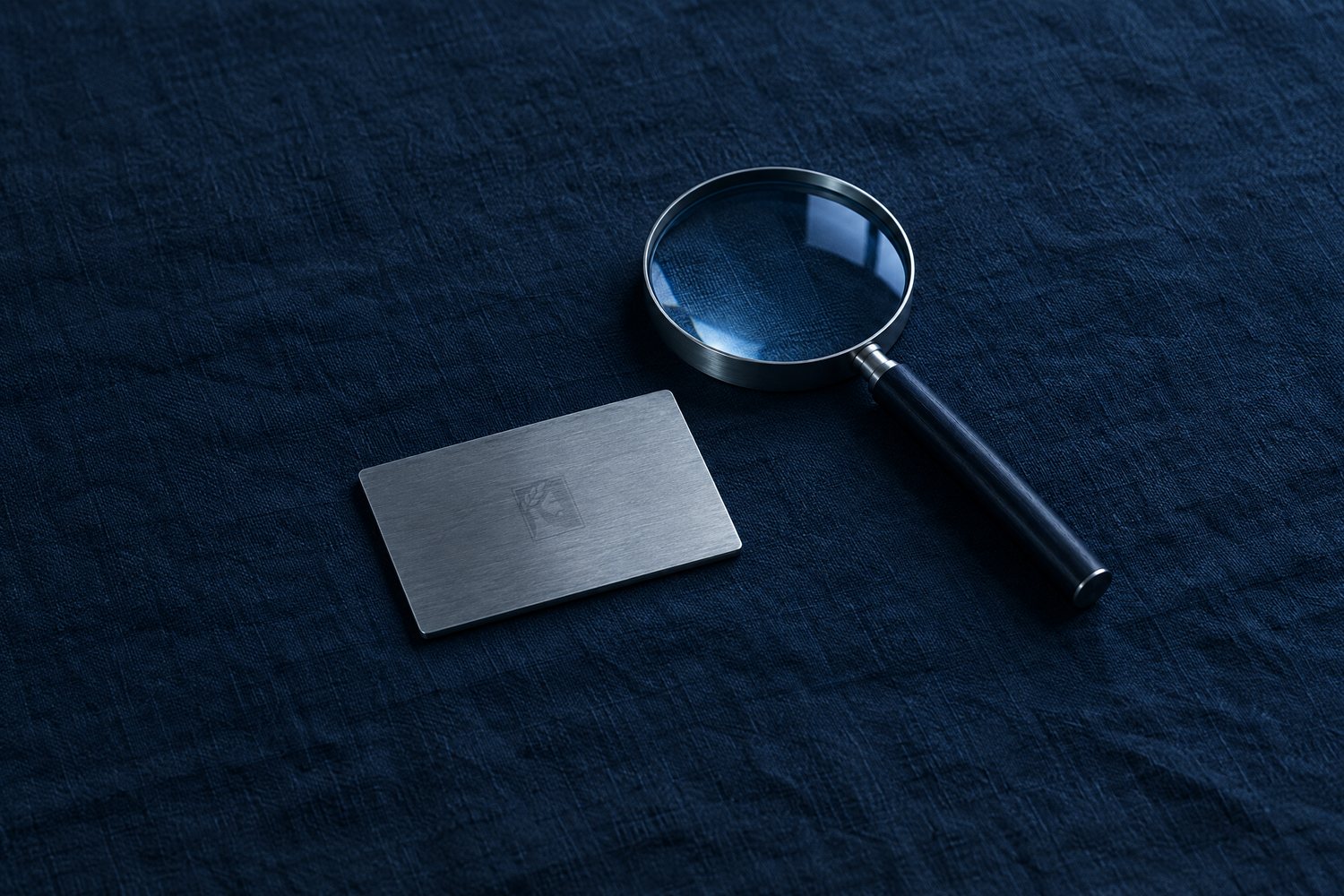 A brushed steel plaque engraved with the Olivent mark beside a steel magnifying glass