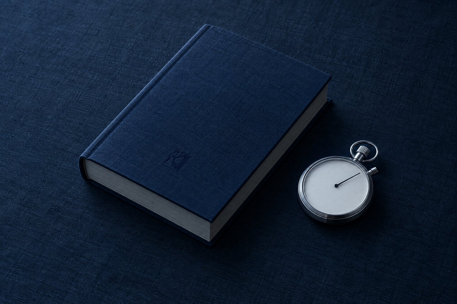 A closed navy cloth ledger beside a steel stopwatch, the Olivent mark pressed into the cover