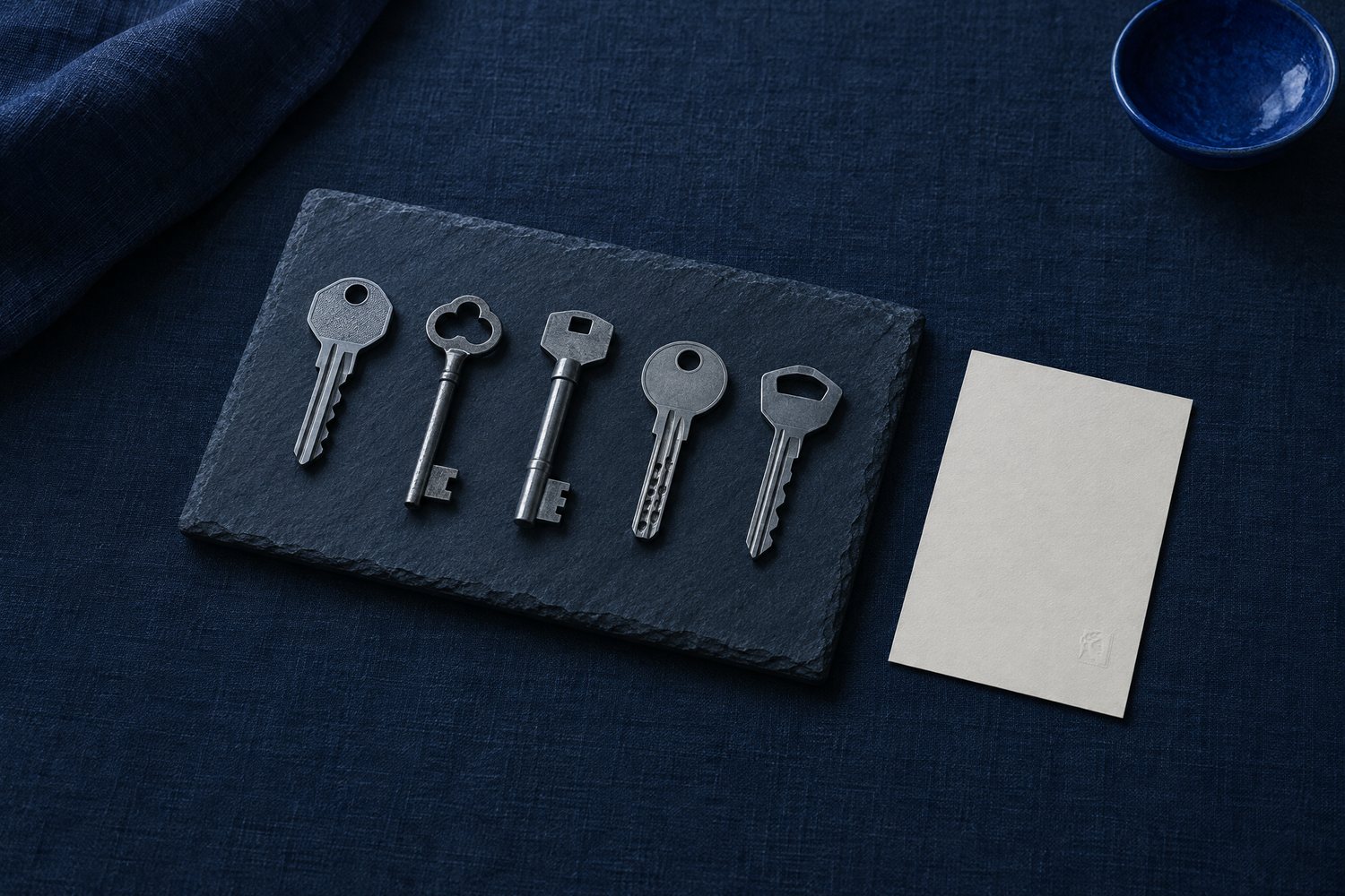 Five different steel keys on a slate tray beside a blank card embossed with the Olivent mark