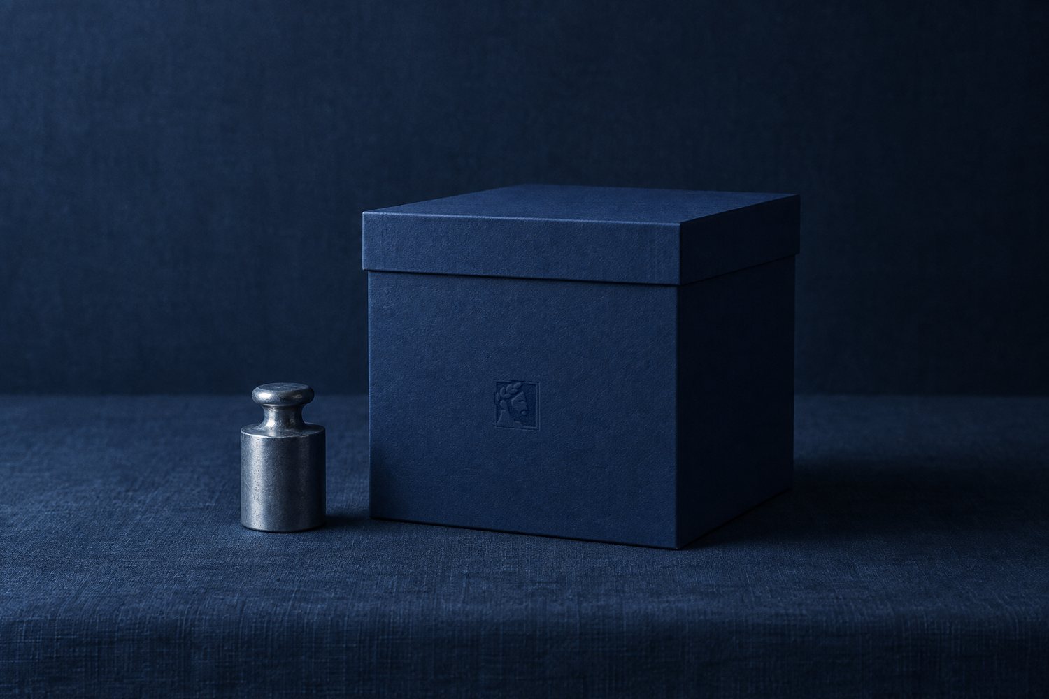 A small steel weight beside a large navy box with the Olivent mark pressed into its front