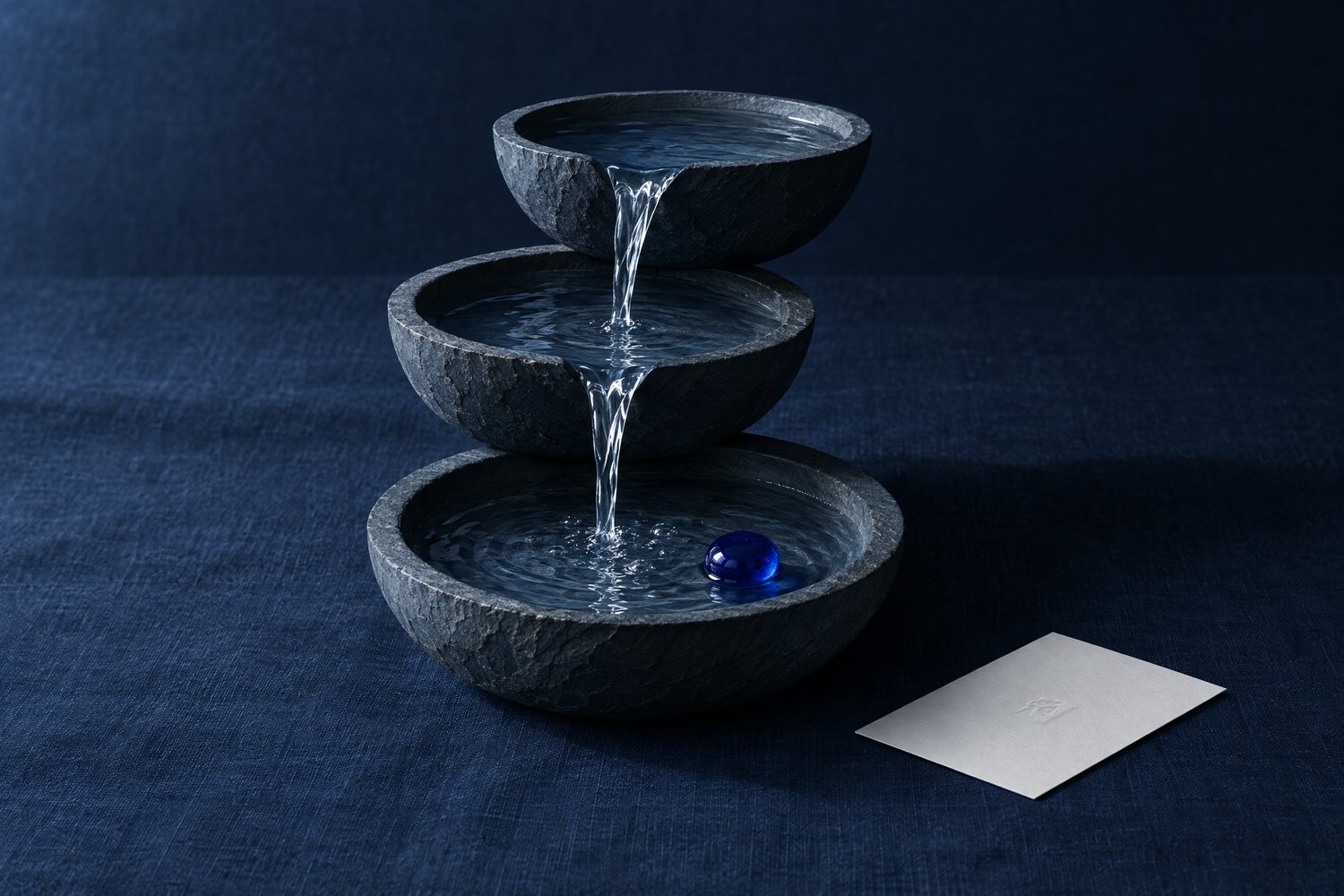 Three slate basins in a tiered cascade with water spilling down to a cobalt pebble, beside a white card blind-embossed with the Olivent mark