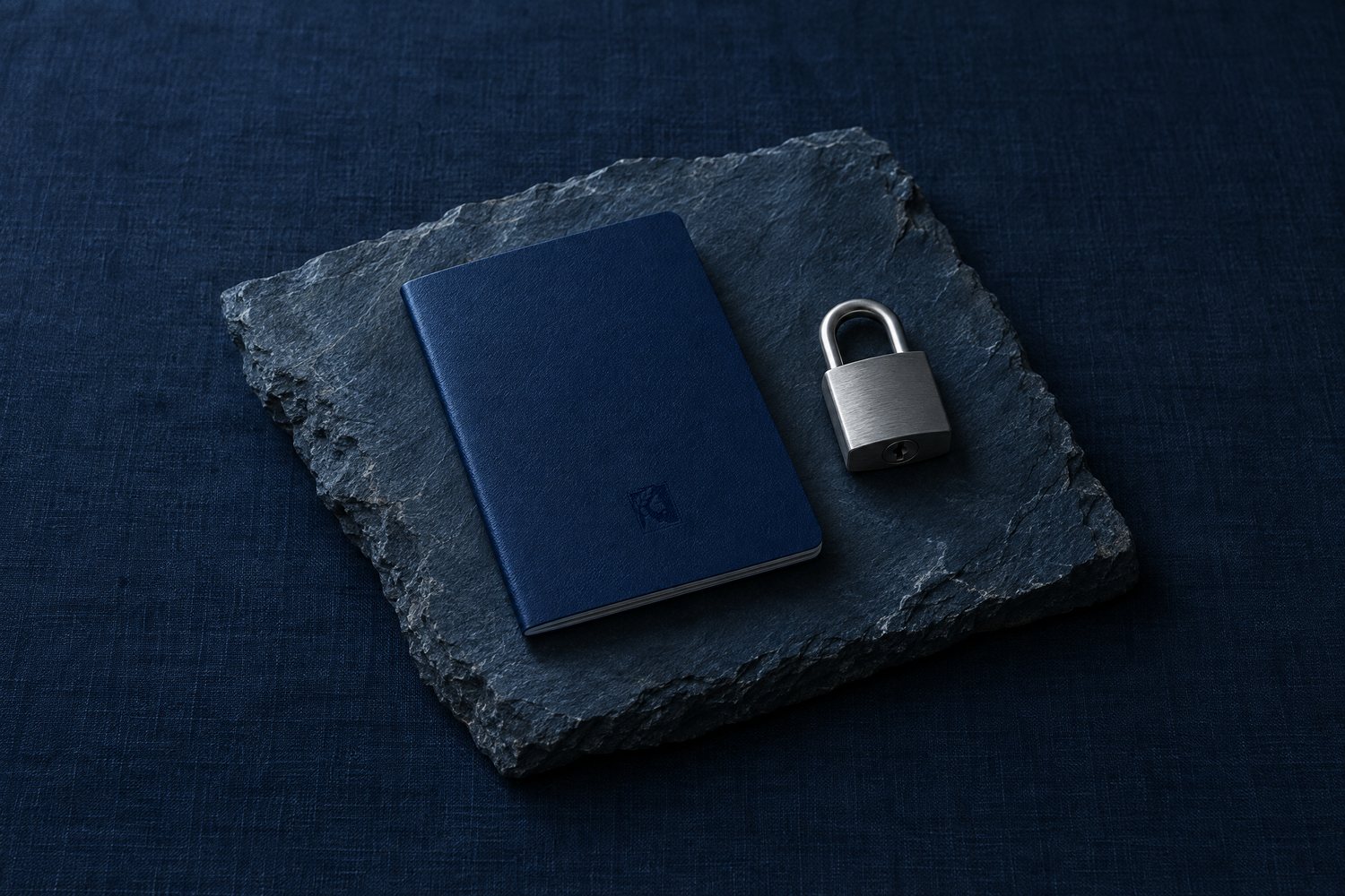 A blank navy passport-style booklet debossed with the Olivent mark on a slate slab beside a steel padlock