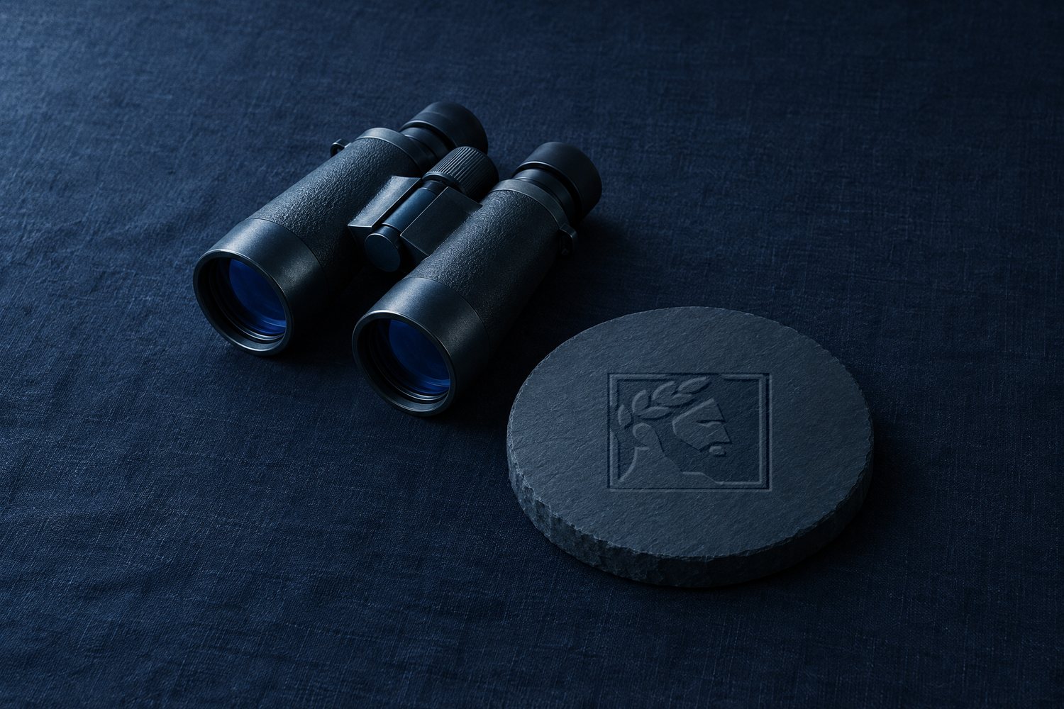 A pair of dark binoculars beside a round slate disc debossed with the Olivent mark