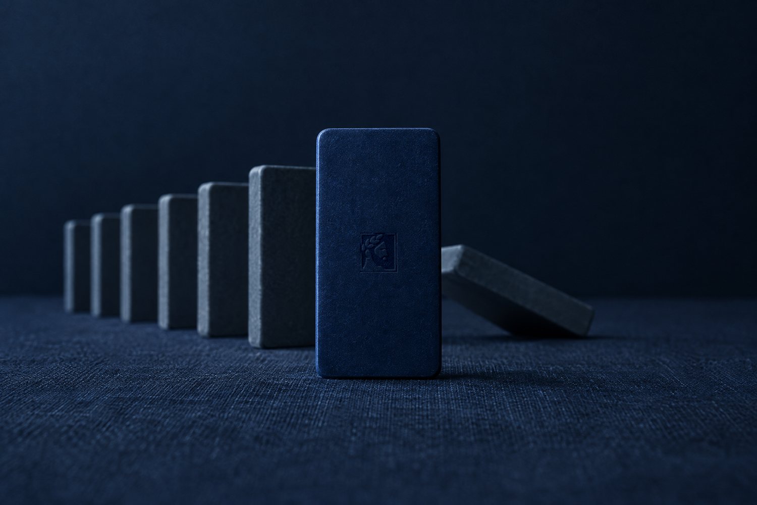 A row of blank slate dominoes with the last one toppled, and a navy domino in front debossed with the Olivent mark