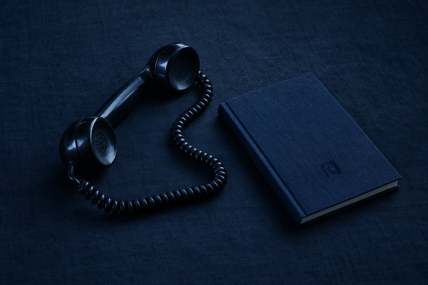 A black telephone handset and coiled cord beside a navy cloth notebook debossed with the Olivent mark